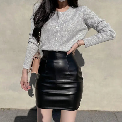 Black Mini Pu Leather Skirt Women's Korean Fashion High-Waisted