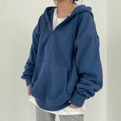 Women's Oversized Hoodie - Solid Color, Zip Up Pocket, Harajuku Style