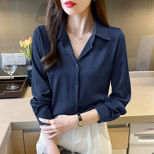 Fashion elegant satin shirts solid color ladies shirts causal Women's Blouses Spring Long Sleeve Shirts Tops Blusas Mujer