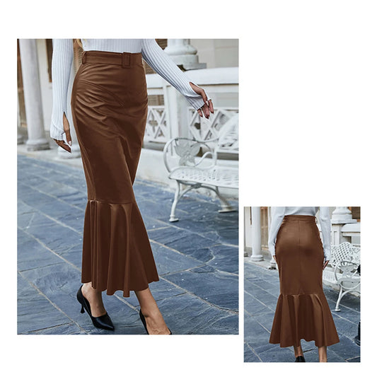 Muslim Fashion Women's Long Pu Leather Skirt High Waist