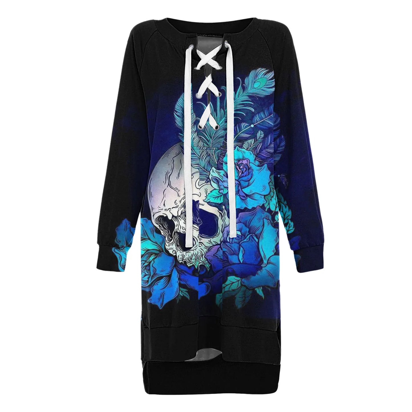 Hoodie Sweatshirt Dress - Gothic Skull Rose