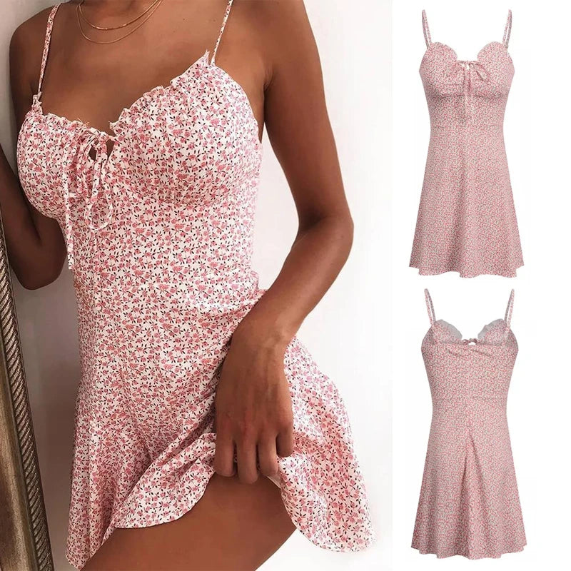 New Womens Sexy Boho Floral Strappy Mini Dress Vacation V Neck Sleeveless