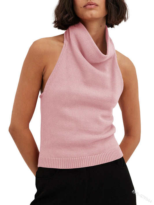 Womens Turtleneck Knit Sleeveless Tank Tops Solid Spring Summer Ribbed Vest Y2K Halter Tops Casual Short Knitted Pullovers Top