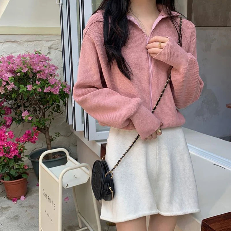 Korean Fashion Zipper Up Knitting Cardigan Women Autumn Long Sleeve Turtleneck Sweater Woman Solid Color Cropped Cardigans Mujer