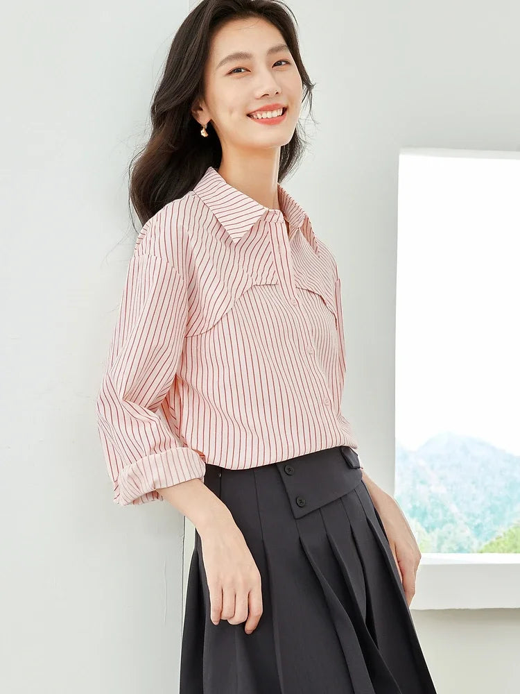 Vimly Women's Cotton Blend Pink Striped Button Up Shirt 2023 Fall Fashion Long Sleeve Tops for Women Shirts & Blouses M1280