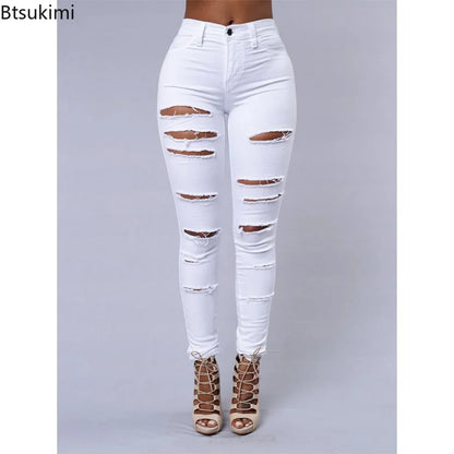 Women's Stretch Skinny Ripped Hole Washed Denim Jeans Pants