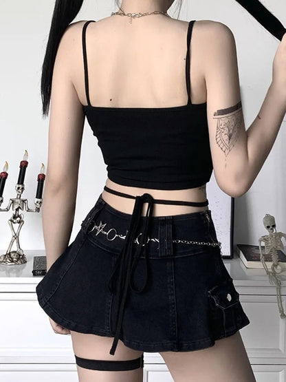 Gothic Women's Print Suspender Sleeveless Square Neck Slim Crop Top Sexy Halter Bottoming Shirt  Girls Party Wear