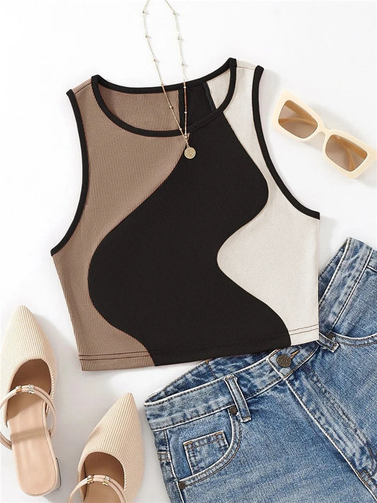 Casual Patchwork Rib Knit Tank Top Women Summer High Street Y2K Clothes Color Block Sleeveless O-neck Crop Top Streetwear