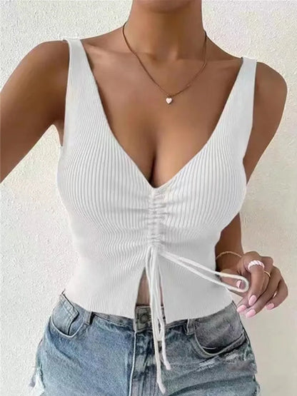 New Summer Women Drawstring Front Ribbed Knit Tops Femme Sexy V Neck Sleeveless Crop Top Clothes High Stretch Split Cropped Tank