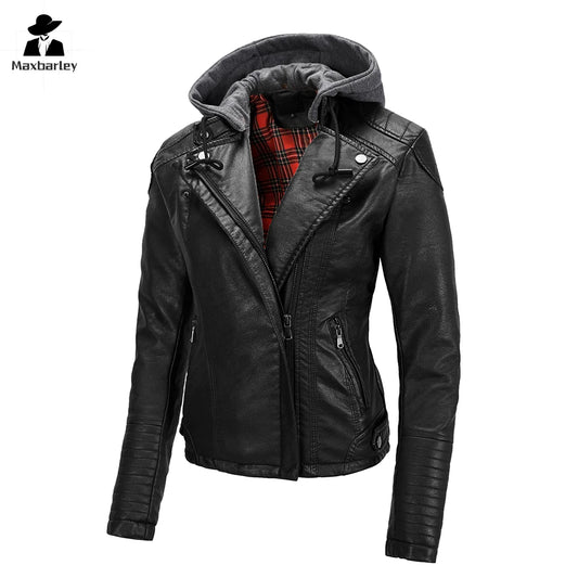 New Hooded Leather Jacket Women Autumn Vintage Faux Leather Slim-fit Motorcycle Jacket