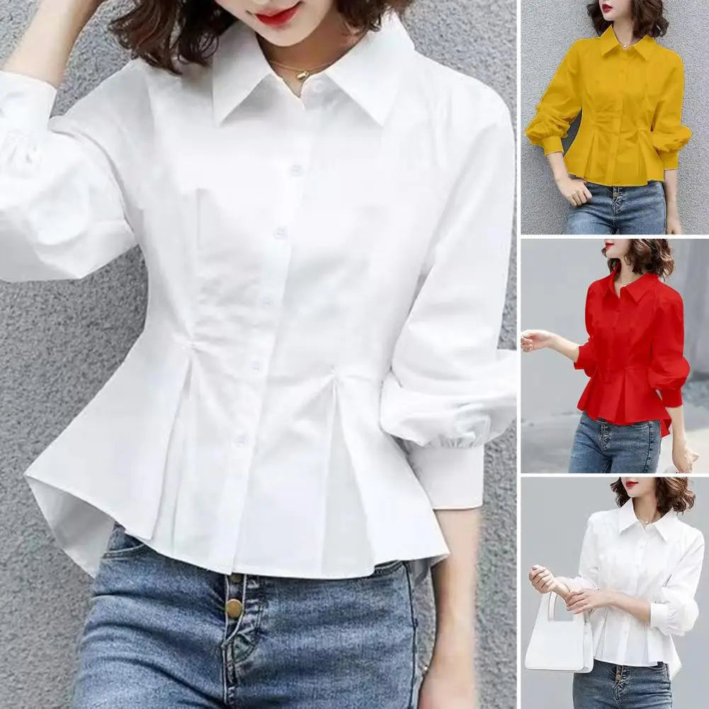 Lady Shirt Spring Fall Blouse Big Hem OL Style Solid Color Women Office Shirt Collar Commute Lady Office Shirt Women Garment