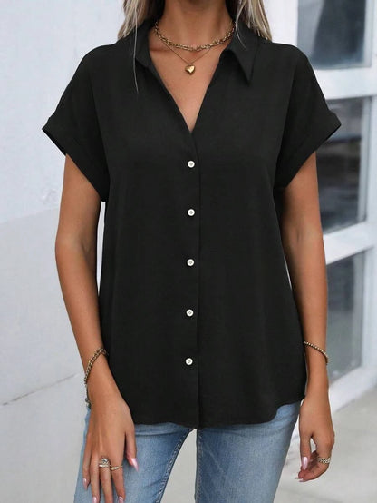 Vibrant Solid Color Relaxed Fit Blouse - Classic Button Front Short Sleeve Simple Chic Design - Perfect for Womens Everyday We