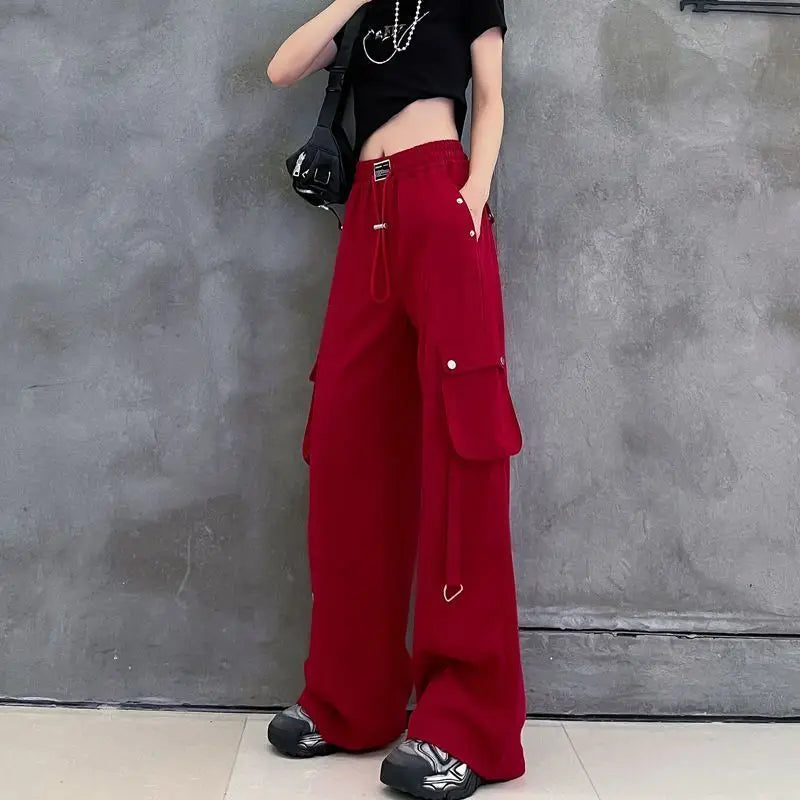 Hip Hop Fashion Women's Red Cargo Pants Streetwear Vintage