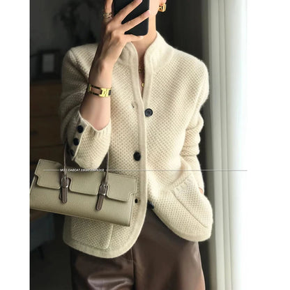 2023 Autumn winter new thickened 100% pure cashmere cardigan women stand neck sweater sweater loose knit base sweater jacket