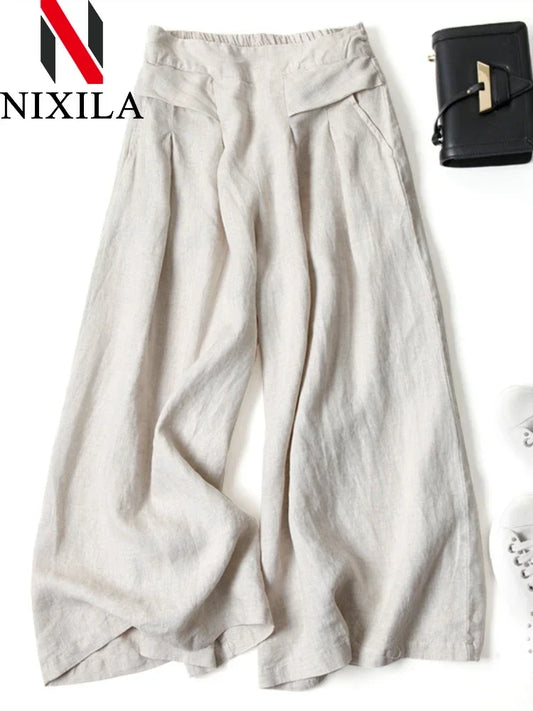 Spring Autumn Cotton Linen Wide-Leg Women's Pants Leisure Fashion Knitted Formal