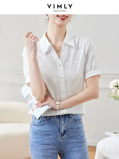 Vimly 100% Cotton Short Sleeve White Shirt for Women 2023 Fairy Sweet Summer Tops Embroidery Button Up Elegant Shirts & Blouses