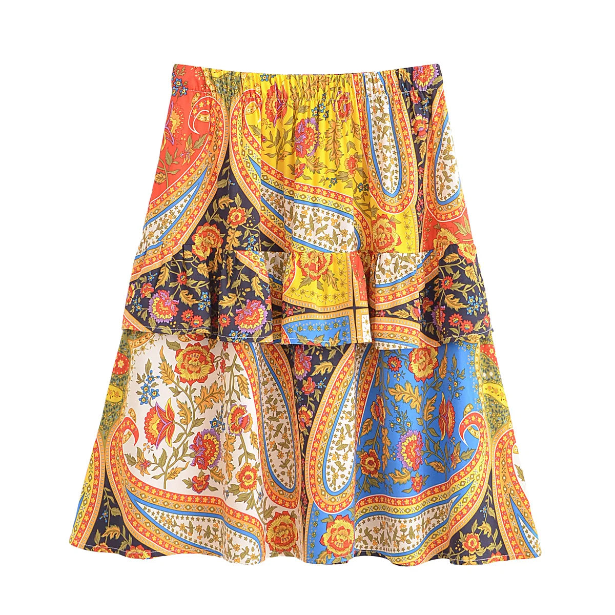 Contrast Color Flower Print Knee Length Skirt Ruffle Hem