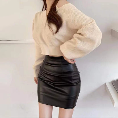 Black Mini Pu Leather Skirt Women's Korean Fashion High-Waisted