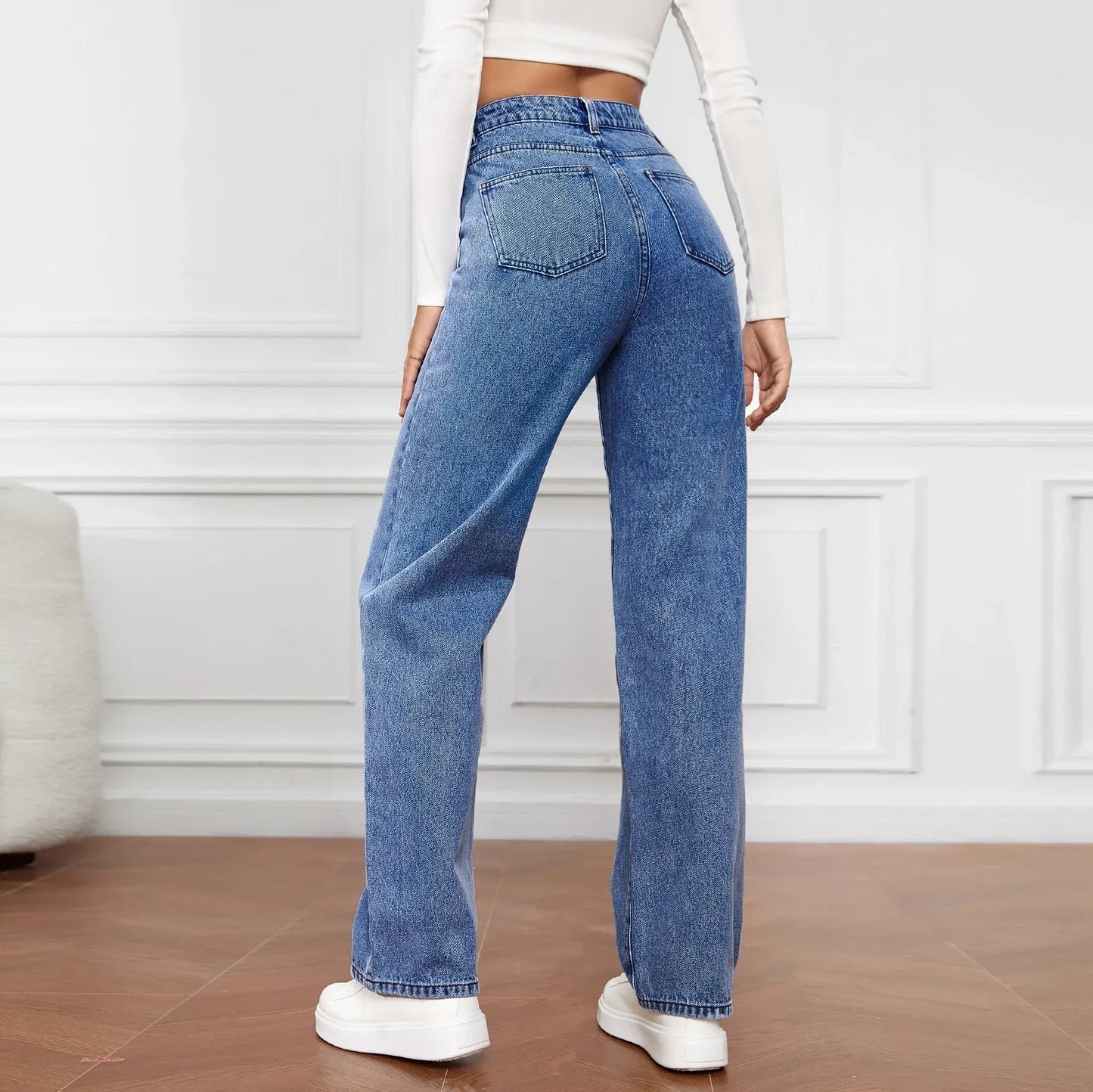 Jeans Women's Straight Pants Washing High Waist Loose Pockets