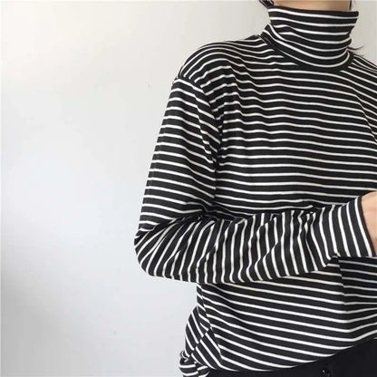 Womens Turtleneck Striped T Shirt Casual Basic Slim Tops Long Sleeves Tees Blouses