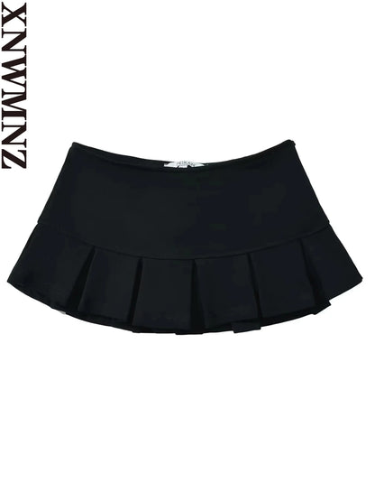 Xnwmnz 2024 Women's Fashion Low Waist Mini Skirt Wide Pleat Terry