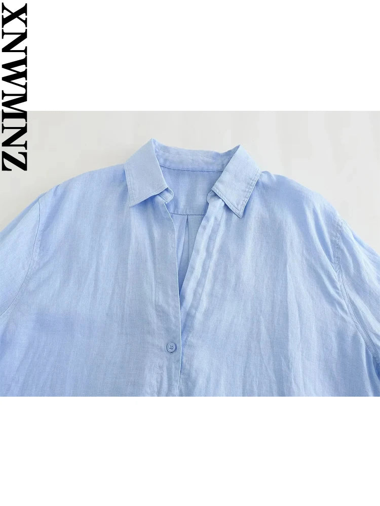 XNWMNZ Women's Fashion 2023 Asymmetric Hem Linen Shirt Women Casual Versatile Lapel Long Sleeve Front Button Female Top