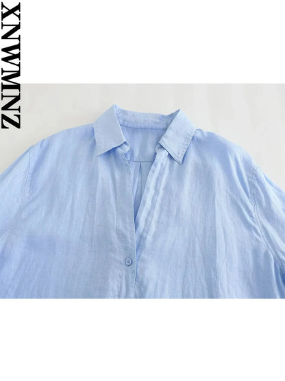 XNWMNZ Women's Fashion 2023 Asymmetric Hem Linen Shirt Women Casual Versatile Lapel Long Sleeve Front Button Female Top