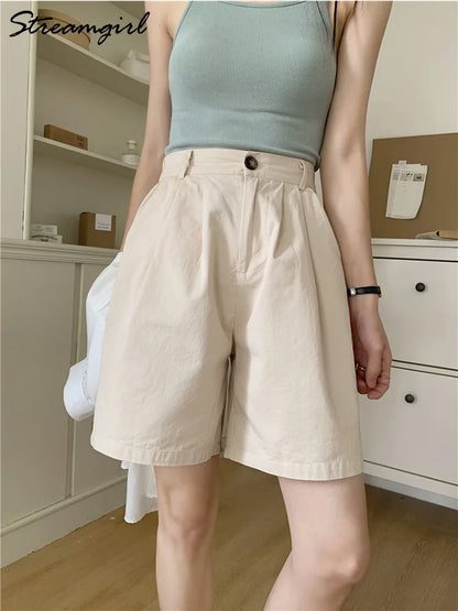 Wide Leg Shorts Women's Summer Cotton High Waist Office