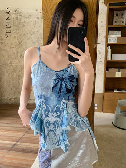 Yedinas Streetwear Blue Camisole Women Halter Tops Summer Korean Fashion Print Irregular Sleeveless Tank Tops 2000s Camis Y2k