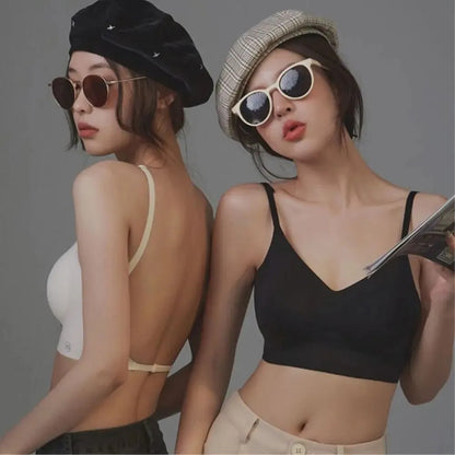 Backless triangle cup bra with U-shaped back design and adjustable straps. Wire-free seamless style for comfort.