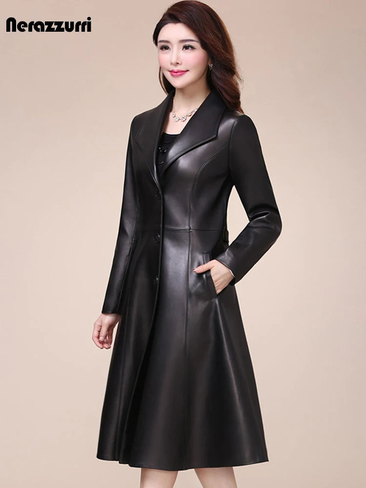 Nerazzurri Spring Autumn Long Black Soft Faux Leather Coat Women Slim Fit 2021