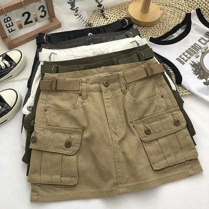 Vintage Denim Skirts Korean Army Green Cargo Skirt Sexy Mini