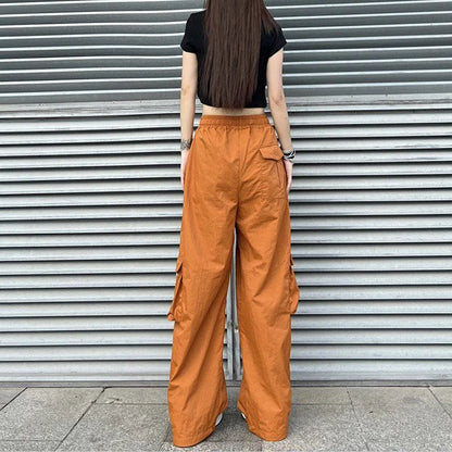 Streetwear Women's Oversize Solid Cargo Pants Elastic Waist Drawcord Loose Harajuku