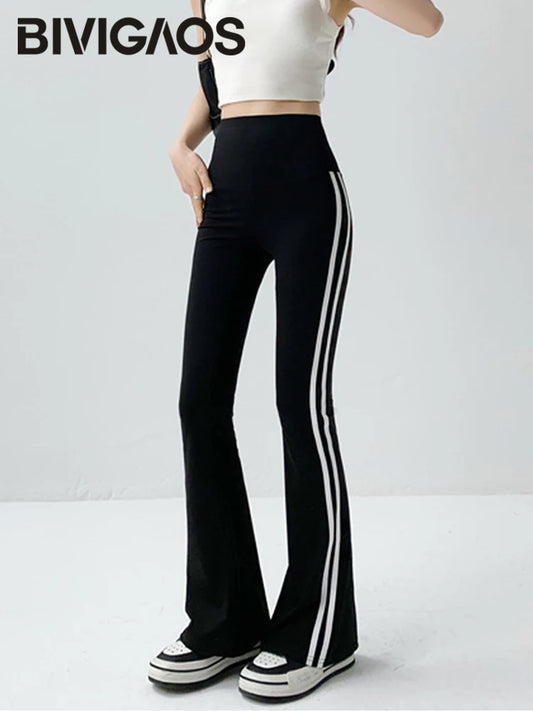 Striped Black Micro Flared Pants High Waist Slim Leggings