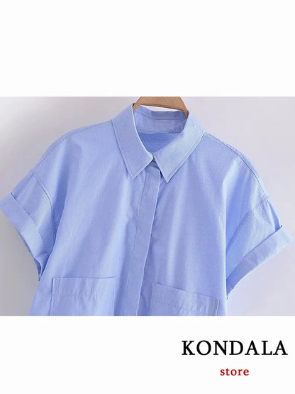 KONDALA New Chic Solid Casual Pockets Short Women Shirt Fashion 2023 Summer Short Sleeve Town-down Collar Streetwear Holiday Top