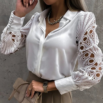 White Lace Patchwork Camisa Top Mujer Spring Summer Casual Long Sleeve Shirts For Women 2022 Vintage Hollow Out Button Blouses