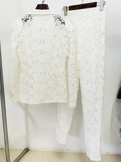 White Lace Blazer Pants Set Water Soluble Lace Pencil Pants Suit Slim Fit