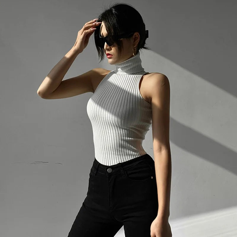 Women's Tank Top Slim Fit Pullover Sleeveless Knitted T-Shirt Tees Sexy Turtleneck Solid Color Autumn Bottoming Base Shirt