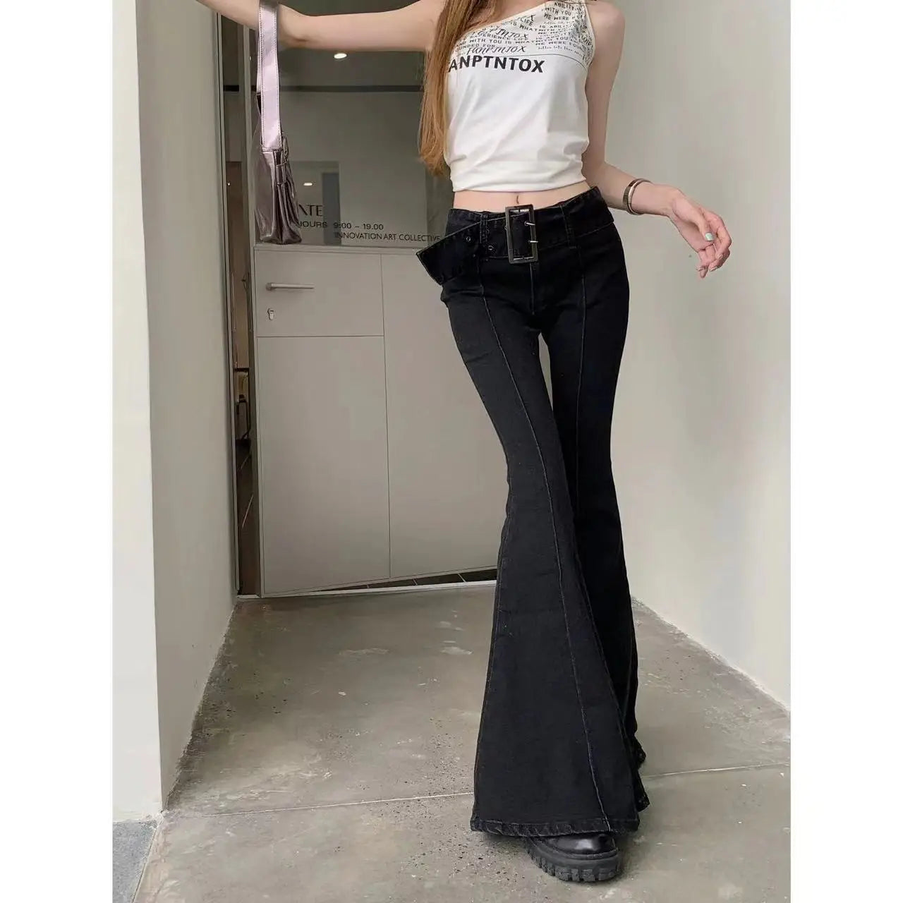 Flare Jeans Low Waist Bandage Bottoms Slim Women's Black