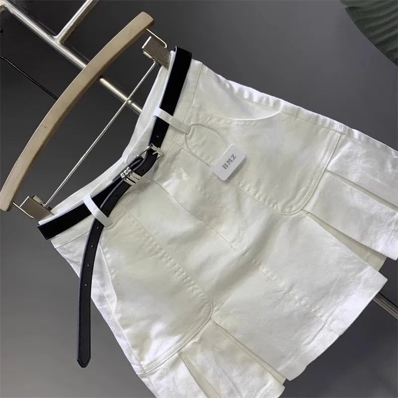 Korean Washed Cotton White Denim Pleated Skirt New Women's