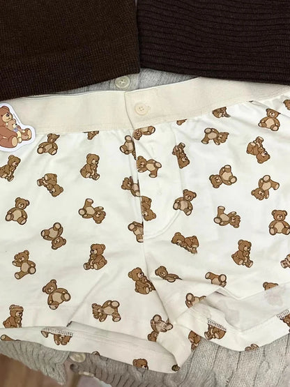 Bears Print Straight Shorts Buttons Patchwork Elastic Waist Casual