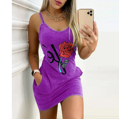 Summer Rose Printed Vest Dresses Women's Sexy Sleeveless Casual