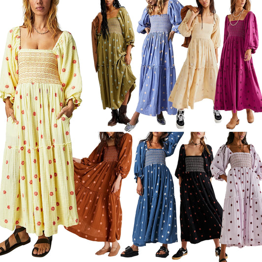 Women's Flower Embroidered Long Dress Lantern Sleeve Bohemian Dress