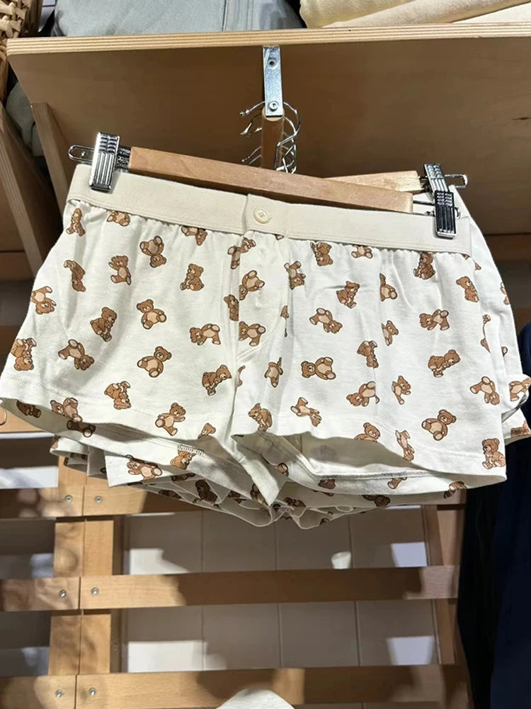 Bears Print Straight Shorts Buttons Patchwork Elastic Waist Casual