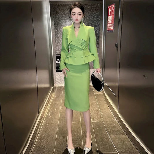 Casual Office Suit - Double-breasted Slim Blazer A Line Skirt