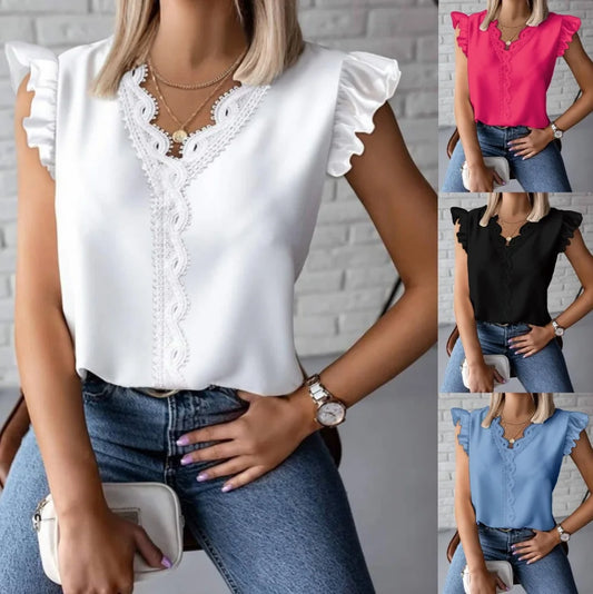 Women White Blouse 2024 Summer  V-neck Lace Panel Black Shirt Рубашки Hemden Блузка Кружевная Top Femme Été Blusones De Mujer