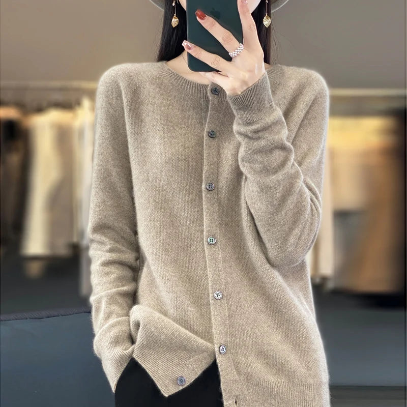 2024Spring and Autumn  New 100% pure merino cashmere sweater women's O-neck cardigan loose long-sleeved sweater top