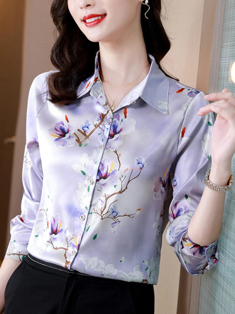 Silk Women's Shirt Long Sleeve Blouse Fashion 2024 Spring New Womens Tops Basic Floral Shirts for Women OL Satin Female Clothing