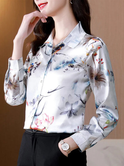 Silk Women's Shirt Long Sleeve Blouse Fashion 2024 Spring New Womens Tops Basic Floral Shirts for Women OL Satin Female Clothing