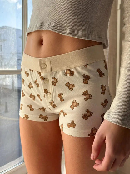 Bears Print Straight Shorts Buttons Patchwork Elastic Waist Casual